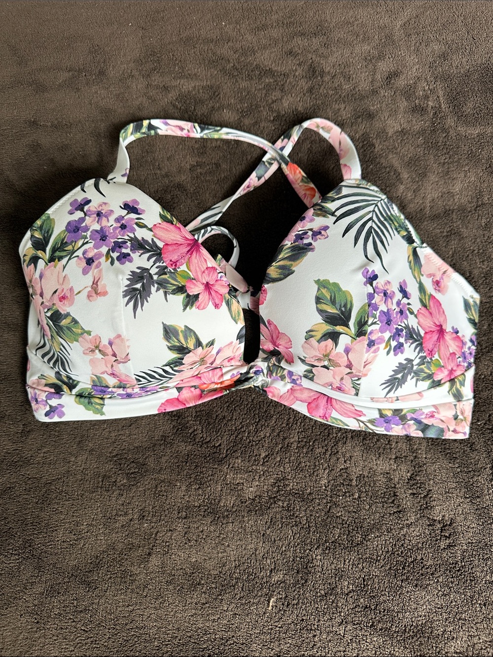 Shade & Shore White Floral Bikini Top with Pink & Purple Flowers